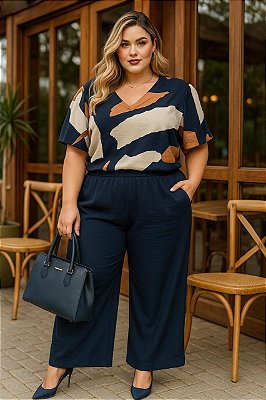 Calça Pantalona Elite Azul Marinho Plus Size