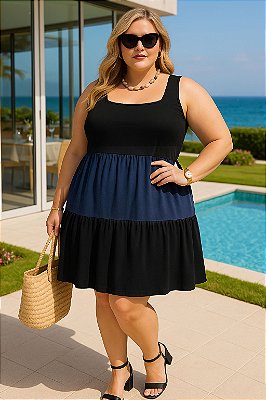 Vestido Ibiza 3 Camadas Preto com Azul Plus Size (new)