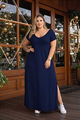 Vestido Longo Aurora de Viscolycra Azul Marinho Plus Size