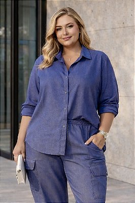 Camisa Jeans Tencel com Elastano Plus Size