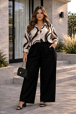 Calça Pantalona ALL BLACK de Linho Plus Size