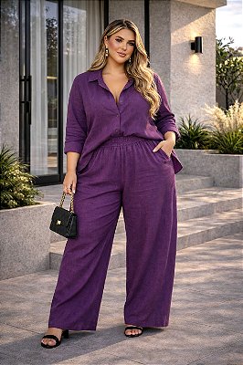 Calça Pantalona de Linho Ameixa Plus Size