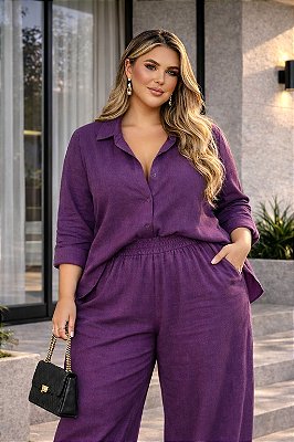 Camisa de Linho Ameixa Plus Size