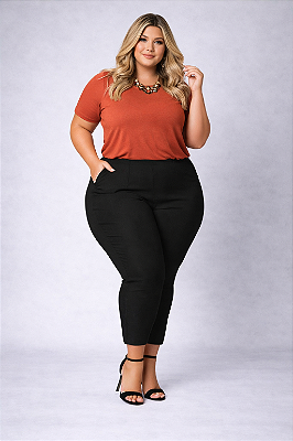 Calça Slim de Bengaline Preto Plus Size