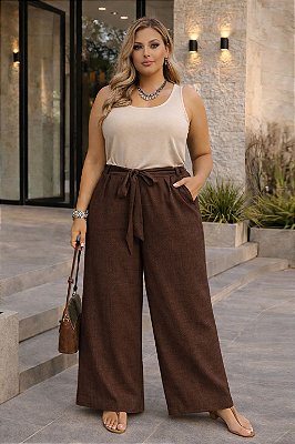 Calça Wide Leg Marrom com Faixa Plus Size