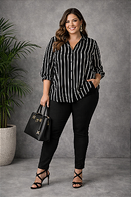 Camisa Viscolinho Listras Preto e Branco Pius Size