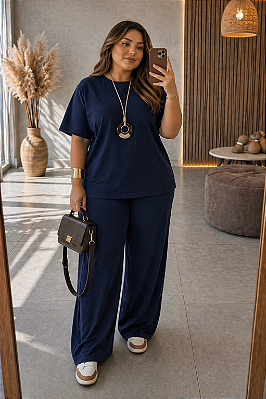 Calça Sofia de Moletinho Azul Marinho Plus Size