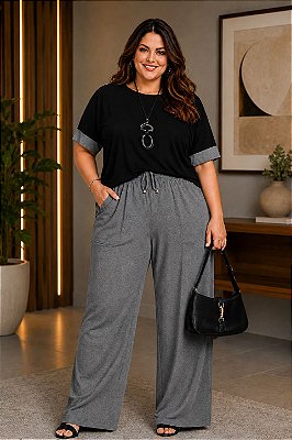 Calça PANTALONA Aline de Moletinho Cinza Mescla Plus Size
