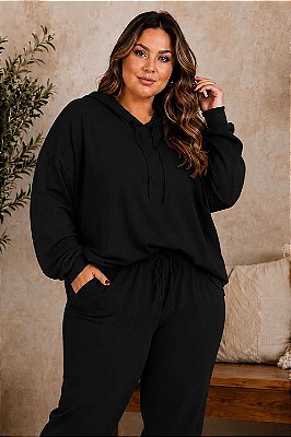 Blusão de Lanzinha com capuz Preto Inverno Plus Size