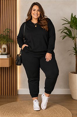 Calça Jogger de Moletinho Preto Inverno Plus Size