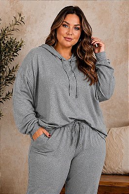 Blusão de Lanzinha com capuz Cinza Mescla Inverno Plus Size