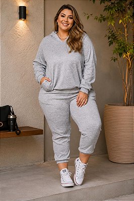 Calça Jogger de Moletinho Cinza Mescla Inverno Plus Size