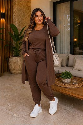 Cardigan Alongado de Lanzinha Marrom Inverno Plus Size