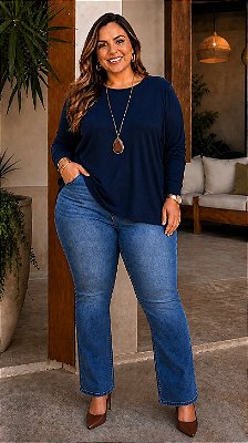 Blusa Basics Manga Longa Azul Marinho Plus Size