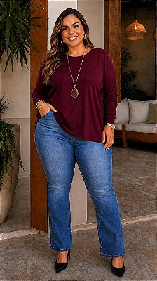 Blusa Basics Manga Longa Vinho Plus Size