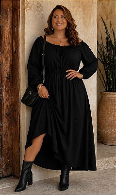 Vestido Longo Suiça Preto de Manga longa Plus Size