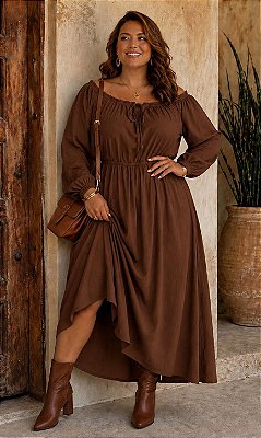 Vestido Longo Suiça Marrom de Manga longa Plus Size