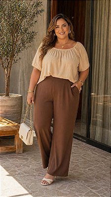Calça Paty Pantalona Marrom Duna Plus SIze