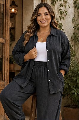 Camisa Jess de Tencel Jeans Preto Grafite Plus Size