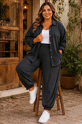 Calça Jogger Jess de Tencel Jeans Preto Grafite Plus Size