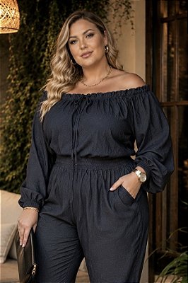 Blusa Ciganinha Jeans Tencel com Elastano Preto Grafite Plus Size