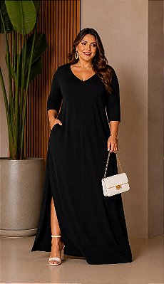 Vestido Longo de Malha com Elastano Preto Plus Size