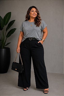 T- SHirt Básica de Malha Cinza Mescla Plus Size