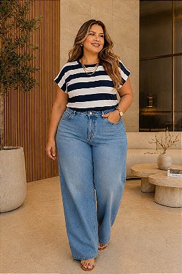 T-Shirt de Malha Listrada Azul Manga Japonesa Plus Size