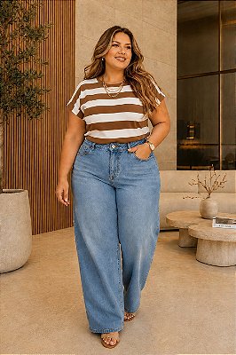 T-Shirt de Malha Listrada Marrom Manga Japonesa Plus Size