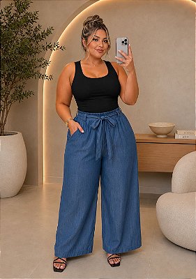 Calça Pantalona Chambray Jeans Tencel com Faixa Plus SIze