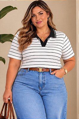 Blusa Pólo Virgínia de Malha Canelada Plus Size