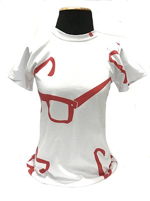 CAMISETA MALHA BABY LOOK Feminino _Gola V_Modelo: STRACCIATTA cor Branco/Vermelho