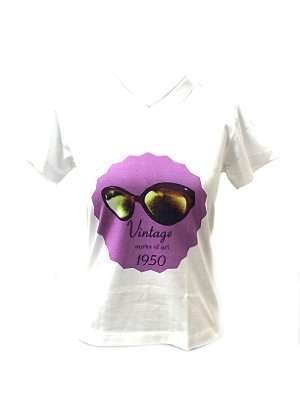 CAMISETA MALHA BABY LOOK Feminino _Gola V_Modelo: VINTAGE 1950_UVA