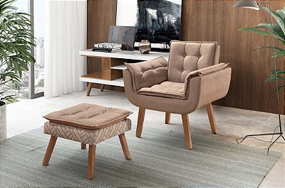 Poltrona Decorativa Dakar + apoio de pés - Tecido linho bege RDM