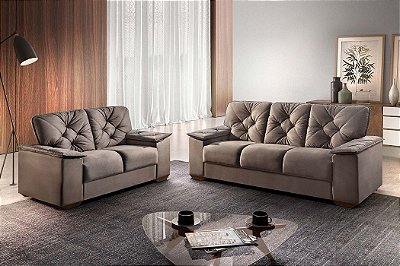 Conjunto estofado 3 e 2 lugares Dakar - Tecido veludo gramado RDM