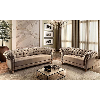 Conjunto estofado 3 e 2 lugares Chile - Tecido veludo marrom RDM