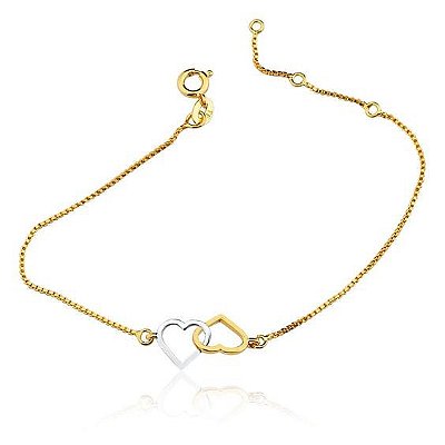Pulseira 2 corações Vazados Banho Ouro 18K
