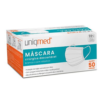 Máscara Cirúrgica Tripla Camada c/ Elástico Branca c/50 Uniqmed