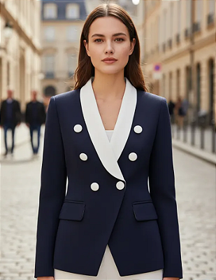 Blazer Dupla Abotoadura Azul marinho Gola reta
