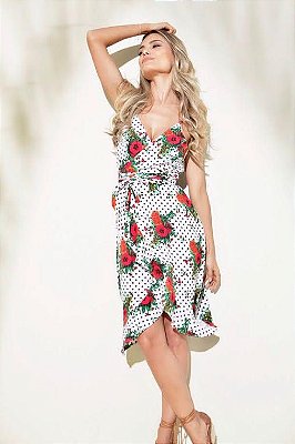Vestido feminino midi estampado de crepe transpassado