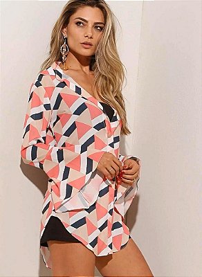 Camisa feminina manga longa com estampa colorida de sedinha