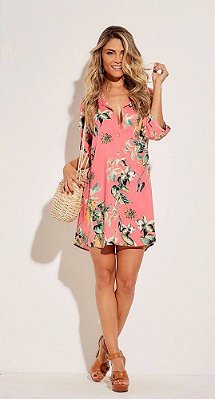 Vestido feminino curto estampa floral de viscose coral  tipo chemise