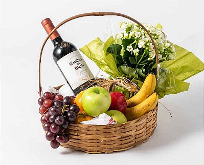 Cesta de Frutas, Flores e Vinho Tinto