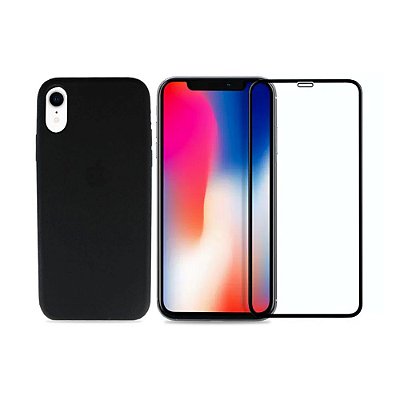 Kit Silicone Case Preta + Película 3D de Vidro para iPhone XR