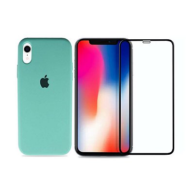 Kit Silicone Case Verde Água + Película 3D de Vidro para iPhone XR