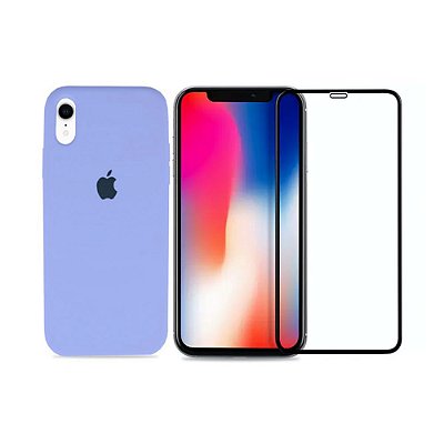 Kit Silicone Case Lilás + Película 3D de Vidro para iPhone XR