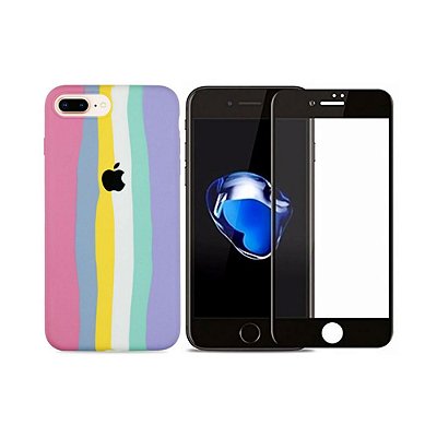 Kit Silicone Case Candy + Película 3D de Vidro para iPhone 7 Plus