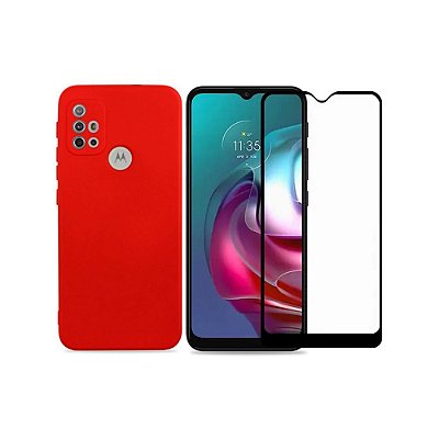 Kit Silicone Case Vermelha + Película 3D de Vidro para Moto G10