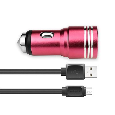 Kit Carregador Veicular Rosa Metalizado + Cabo Micro USB Preto