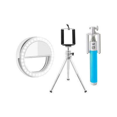 Kit Youtuber -  Selfie Ring Light Preto + Bastão de Selfie Bluetooth (azul) + Tripé Metálico